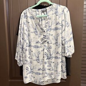 Tahari Blue and White Patterned Blouse